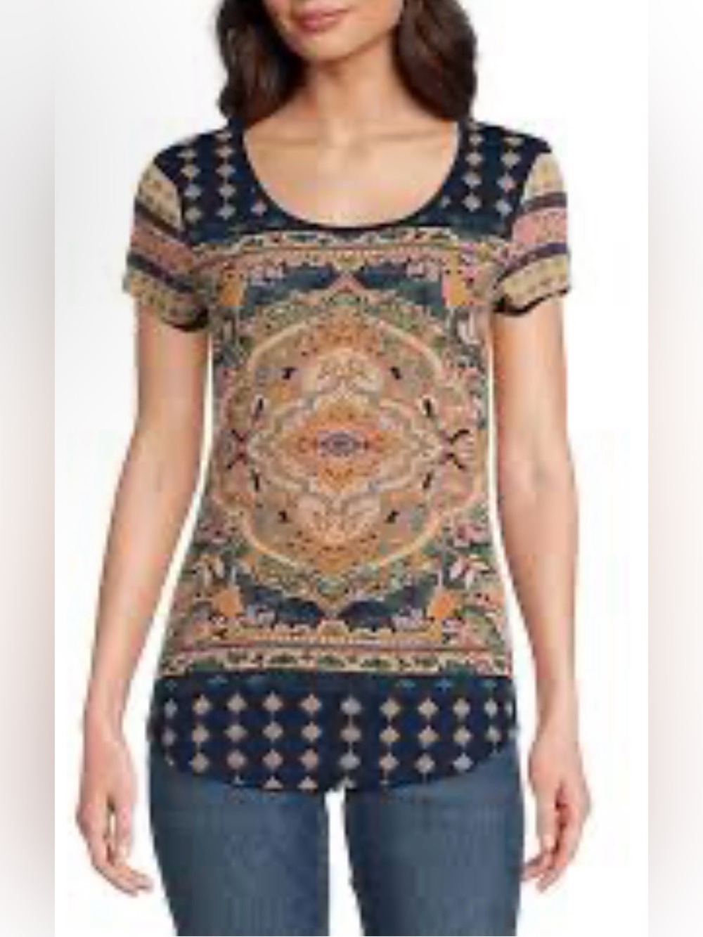 Lucky Brand Persian Carpet Graphic Scoop Neck Tee - Navy Multi Sz L
